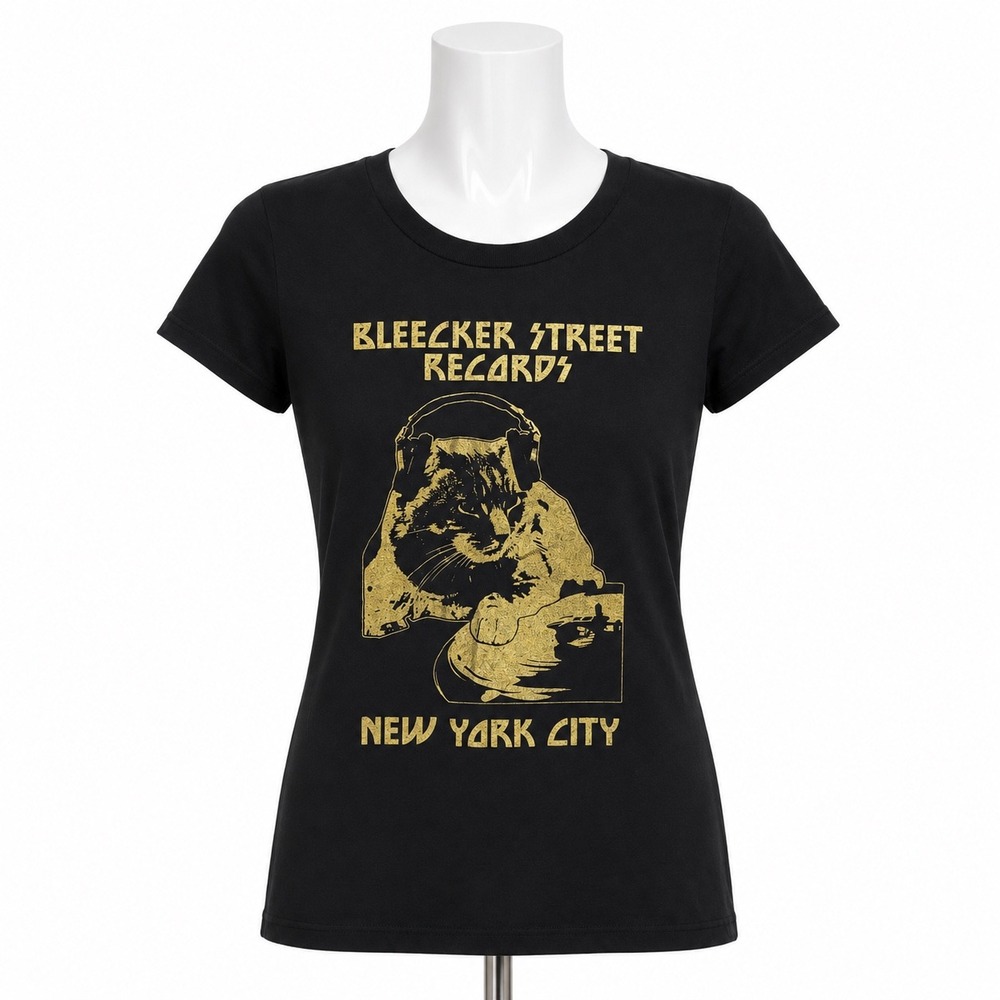 Bleecker Street Records Women Small Black Cat DJ Graphic Tee Indie NYC Souvenir